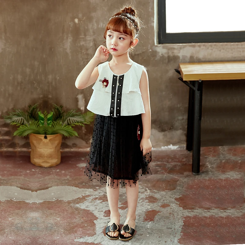 

Wholesale summer kids dot applique sleeveless tulle party baby girl dress