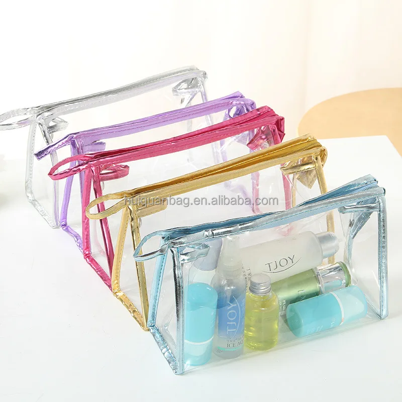 

wholesale promotional gift cheap Packaging PVC transparent make up cosmetic bag from China, Clear pvc with black,pink,blue zipper and handle