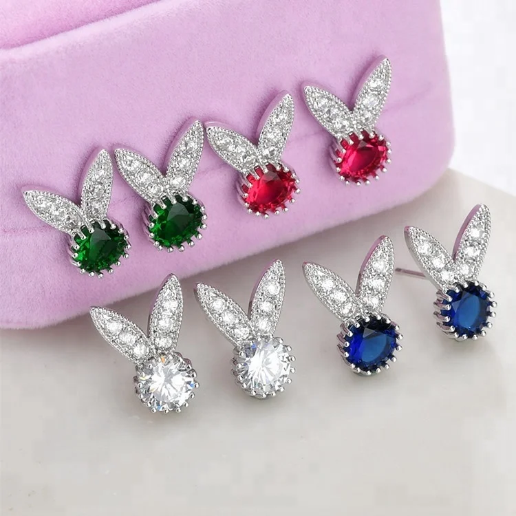

925 Sterling Silver With AA-AAA Cubic Zircon Rabbit Stud Earring For Girl, As pictures