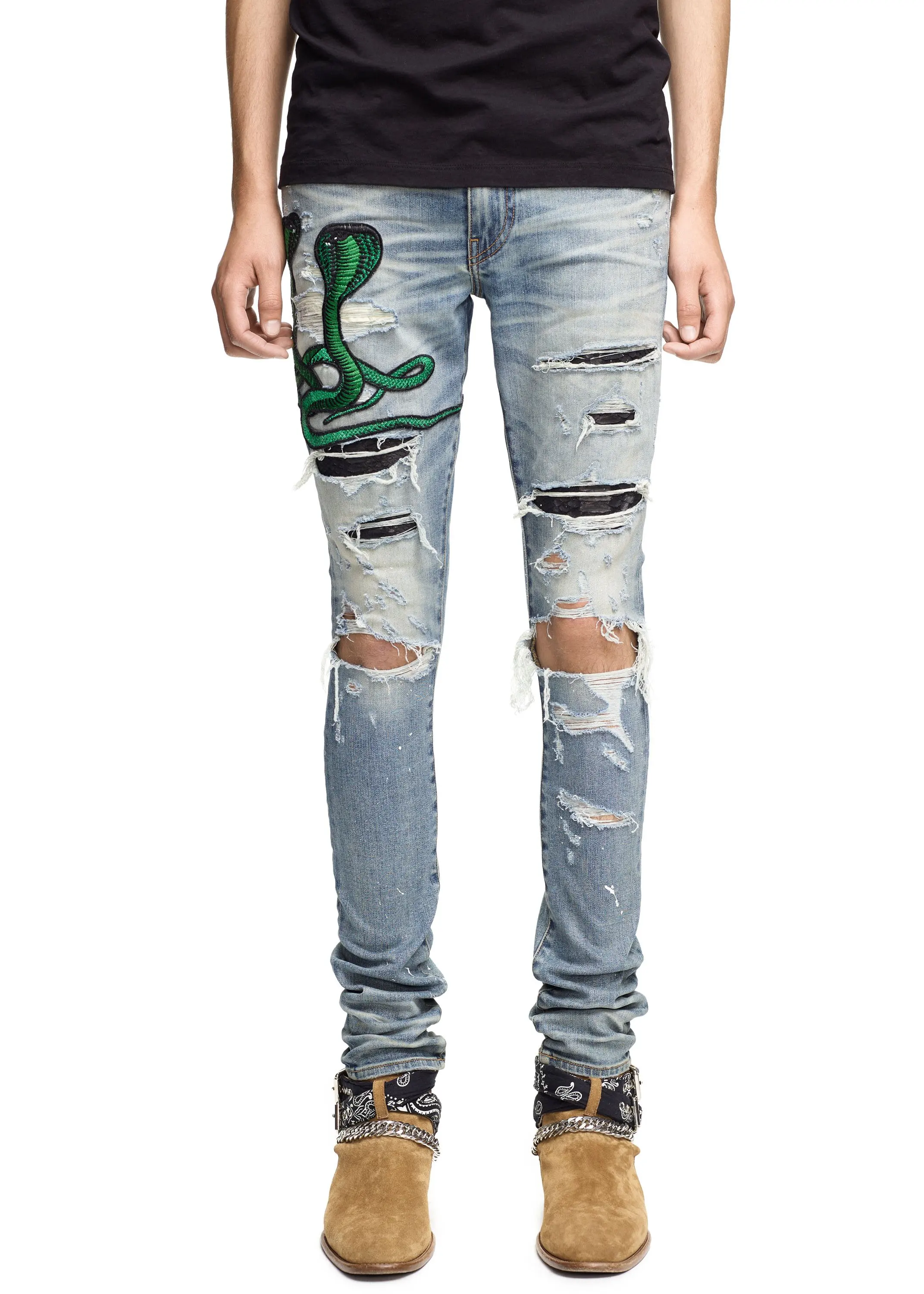 
DiZNEW 3D Distressed Stacks embroidered Snake Whiskers Denim Jean For Men 
