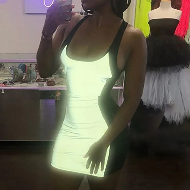 

2019 New Listing U Neck Sleeves Mini Length Women Reflective Bodycon Dress Summer Fashion, As shown bodycon dress