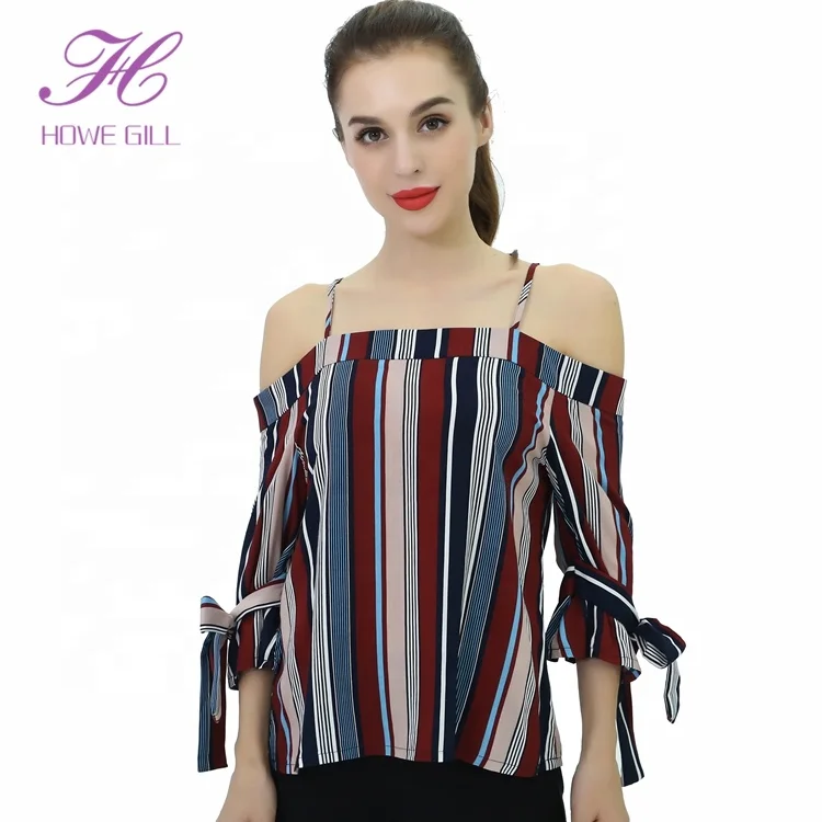 Wholesale 2019 Lady Fashion Striped Off Shoulder Women Summer Sexy Blouses Tops