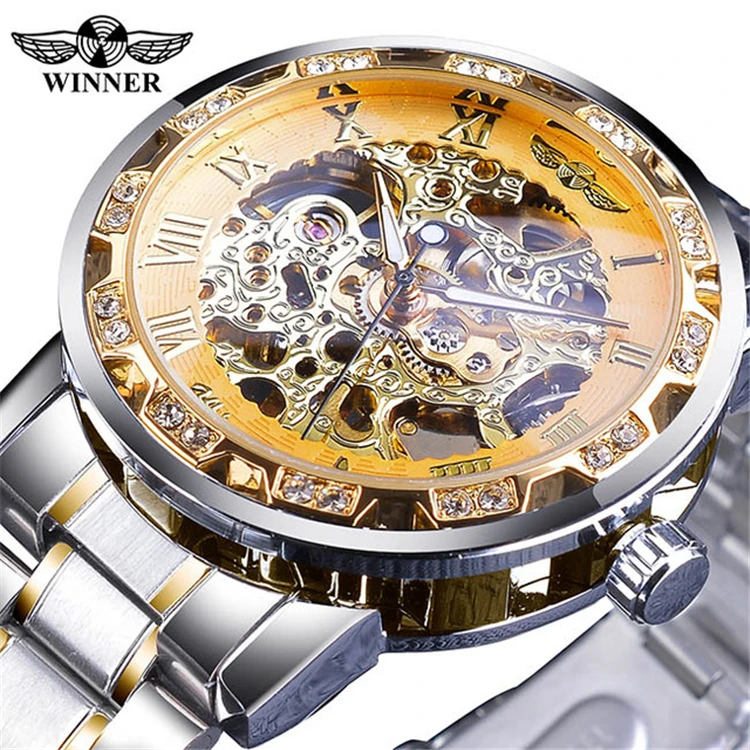 

Winner 278 Transparent Fashion Diamond Luminous Hands Gear Movement Retro Royal Design Men Mechanical Skeleton Wrist Watches