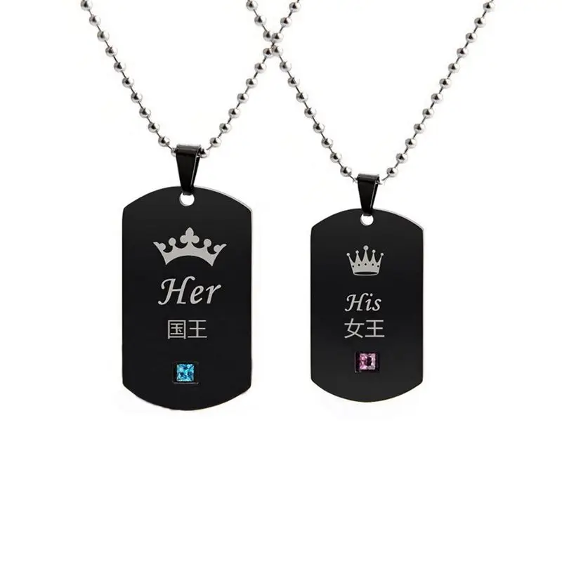 

2Pc/set stainless steel necklace pendant laser engraving crown men and women couple necklace king queen angel chakra pendants