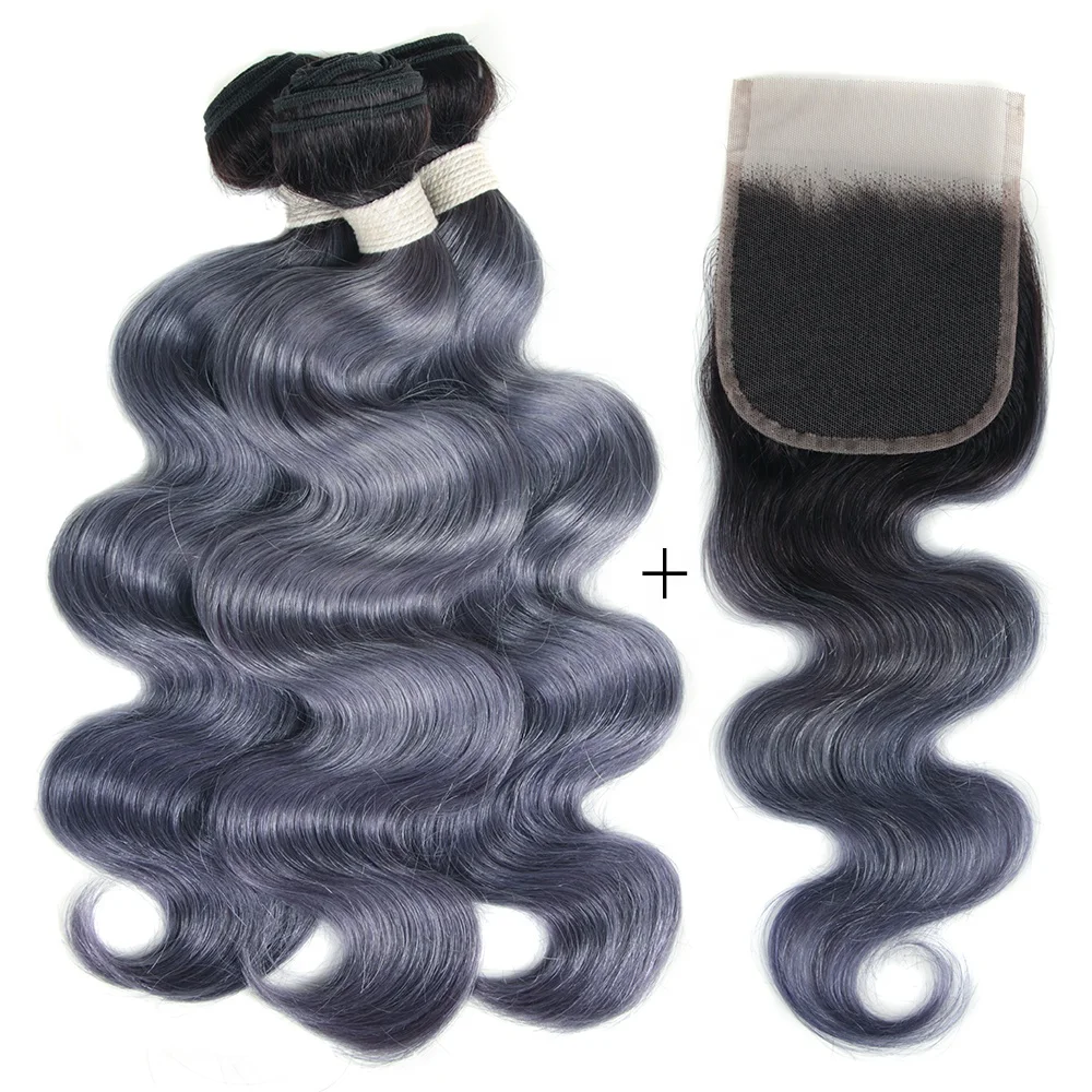 

Black pearl dark gray color raw virgin hair extension with lace closure and frontal 3 body wave human hair bundles with closure, Ttib/sg18#