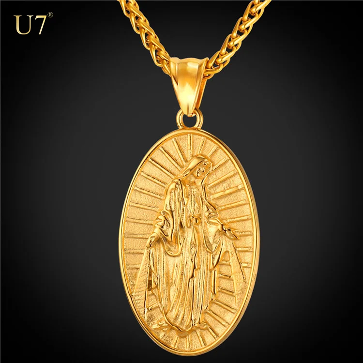 

U7 2017 new 18K Real Gold Plated Catholic Religious Goddess pendant charms Virgin Mary Necklace for mens Jewelry