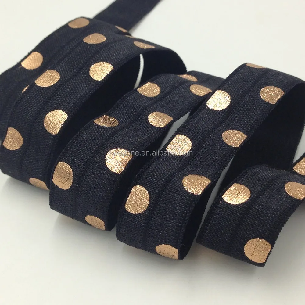 

High Quality Rose Gold Foil Polka Dot Fold Over Elastic Wholesale  Black FOE Ribbon for Hair Tie DIY Headwear 100yards/lot, As per picture