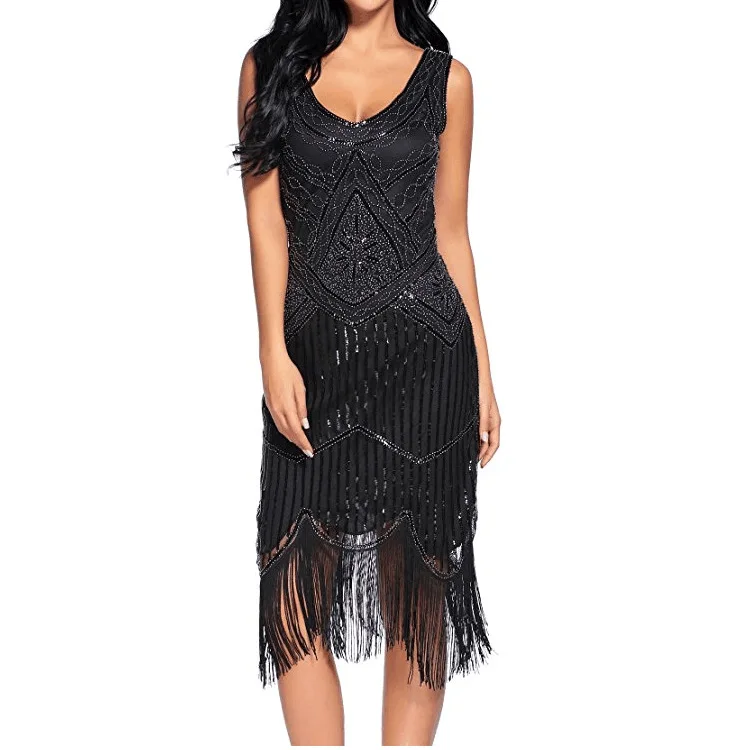 

Women's Vintage 1920s Sequin Dress Beaded Tassels Hem Flapper Dresses A366