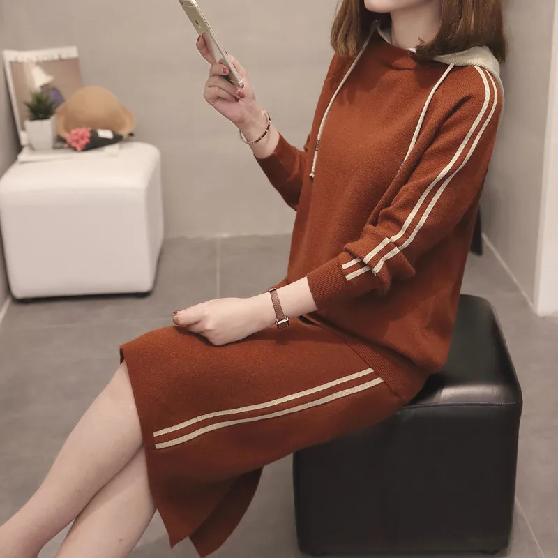 

spring autumn casual sport style women knitted striped two piece hoodie jumper sweater dress lady winter pullover suit twin-sets, Red, black, green etc