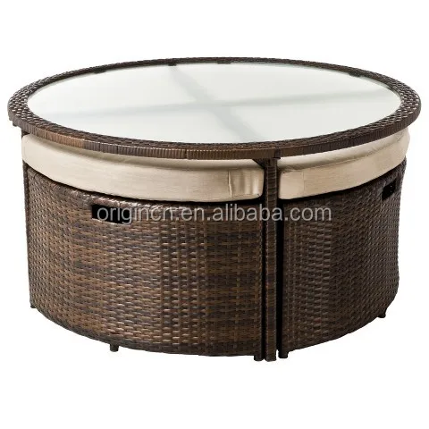
Round sectional space saving 4 stools/poufs with glass top dinig table rattan outdoor bistro set 