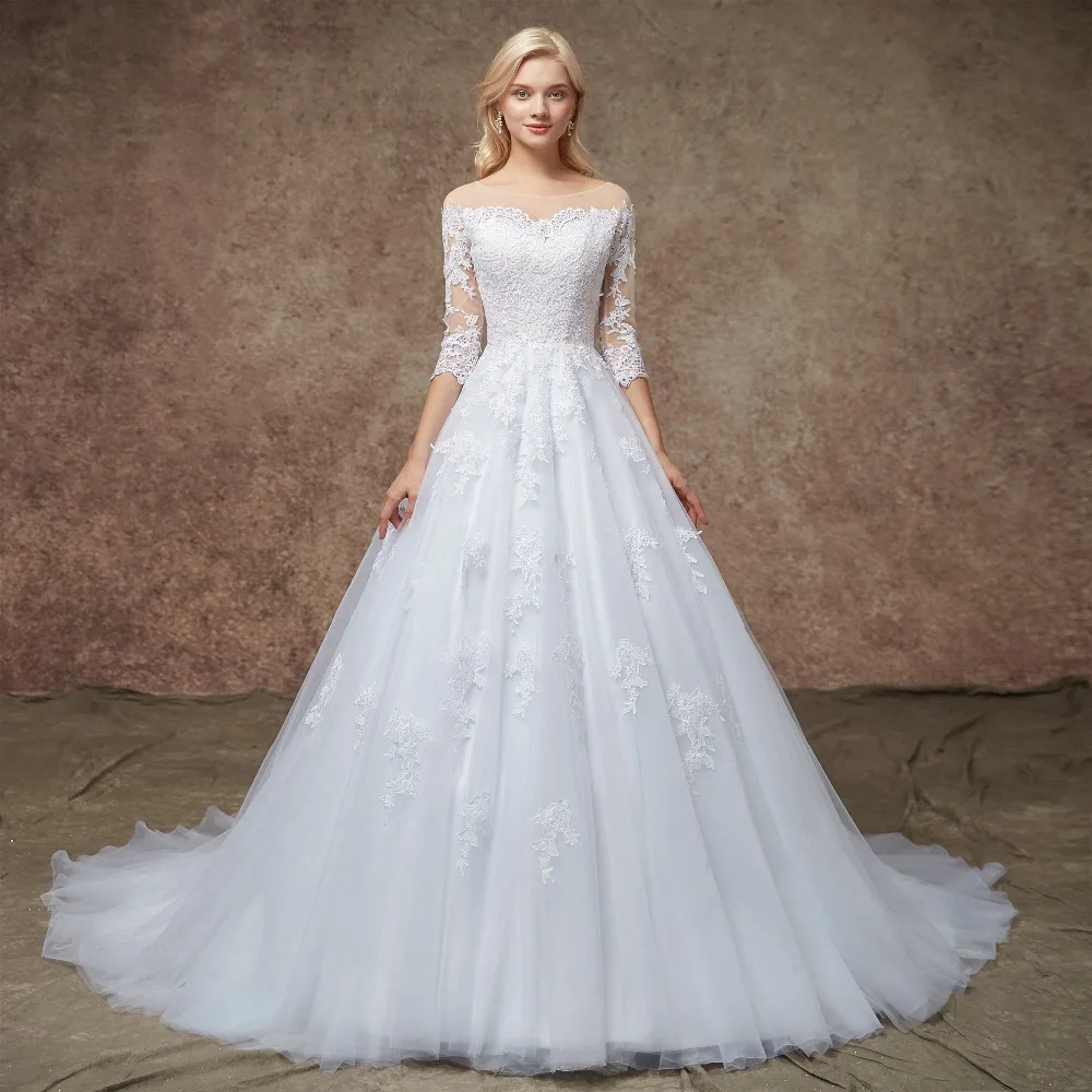 

FA127 Vesido De Novia Wedding Dresses 2020 Three Quarter Sleeves Tulle Appliqued Vintage Court Train Mariage Bridal Dress, Default or custom