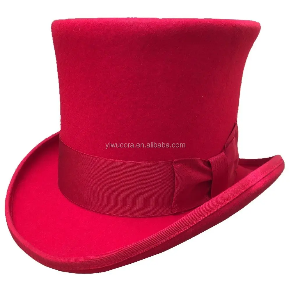Red Wool Felt Top Hat Victorian Mad Hatter Tall Magic Topper Hats For