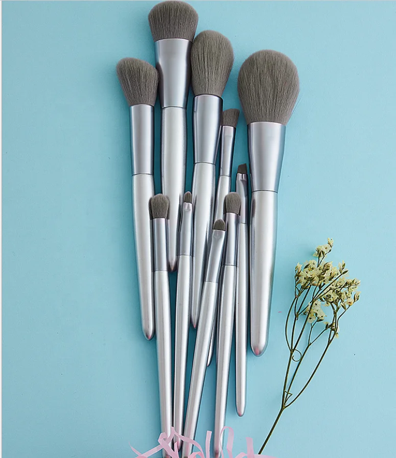

Professional 10pcs Makeup Brush Set Custom Logo Cosmetics Brushes, Silver