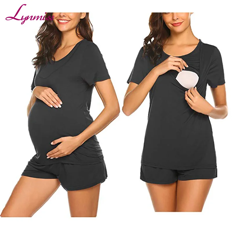

Amazon Best Seller Cotton Maternity Pajamas for Hospital Set Short Sleeve Breastfeeding Pregnancy Sleepwear Nursing Pajamas, Black