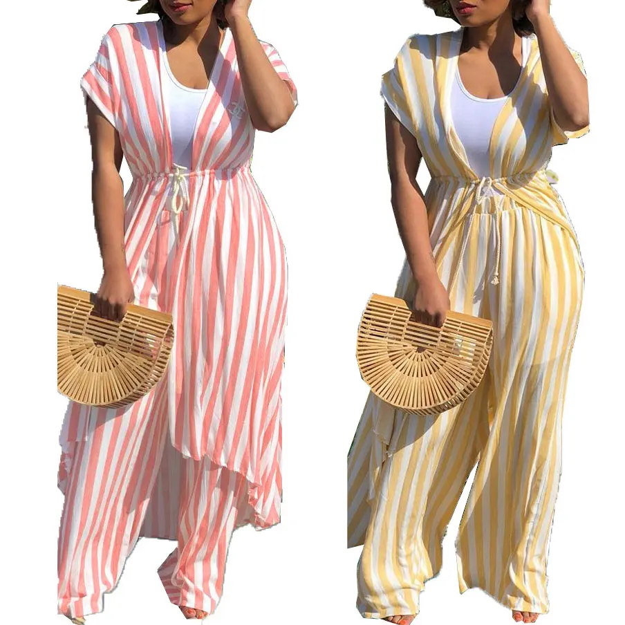 

80723-MX63 2 colors casual loose 2 piece sets long stripes jumpsuits for women