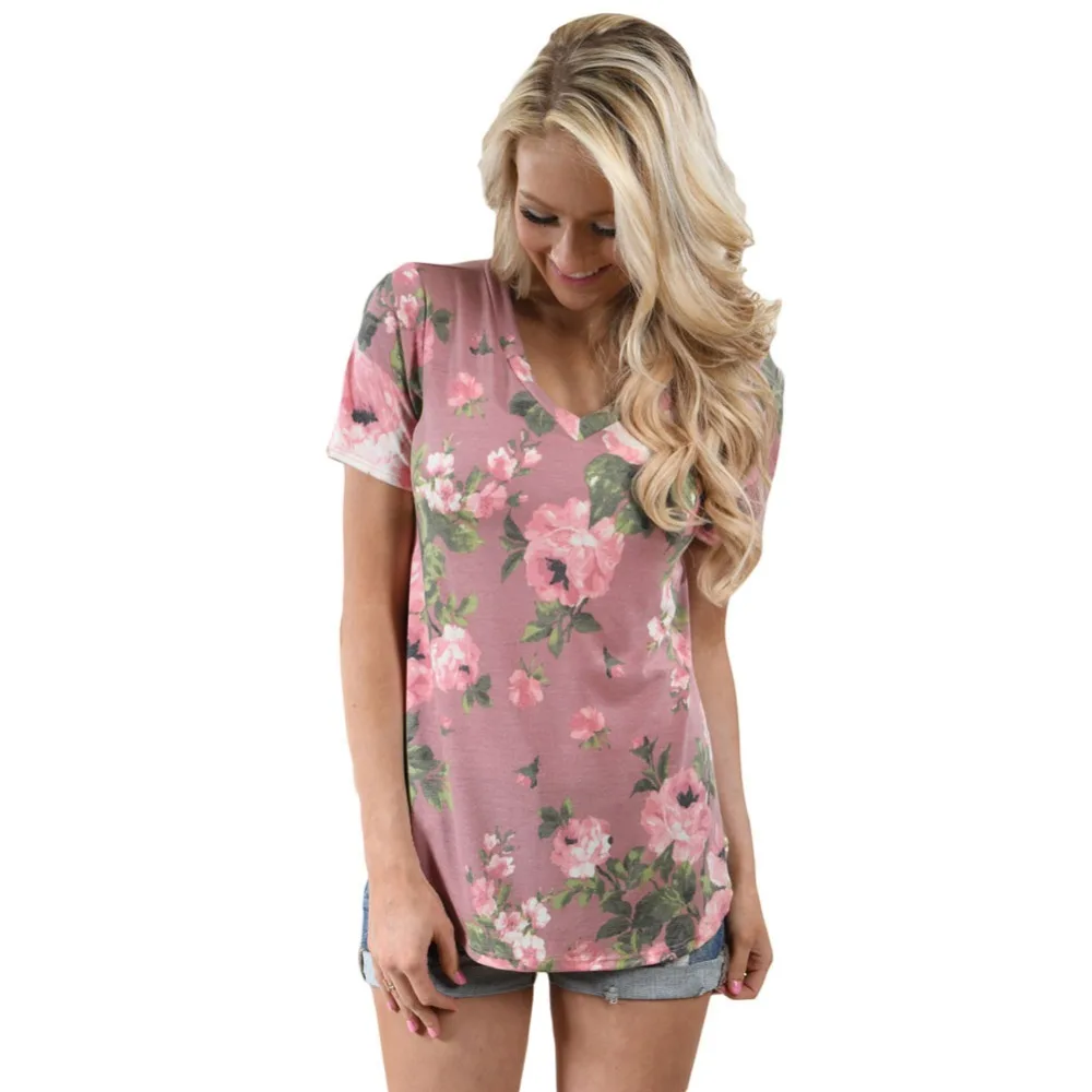 

Sexy Summer Floral Printed Short Sleeve V Neck cotton modal t-shirts