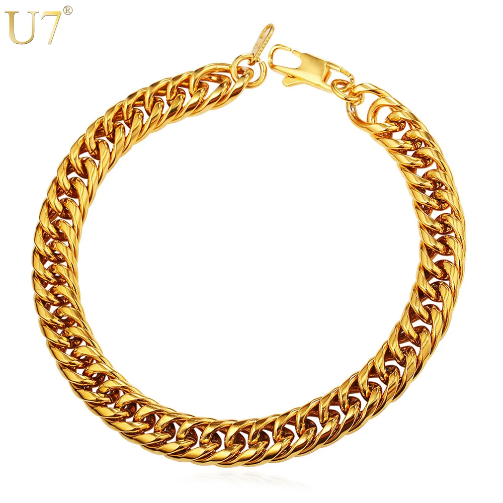 

U7 Link Chain Bracelets 9MM 22CM Boys Jewelry Men Curb Cuban Stainless Steel Chain Link Bracelet, Gold/ stainless steel /black color