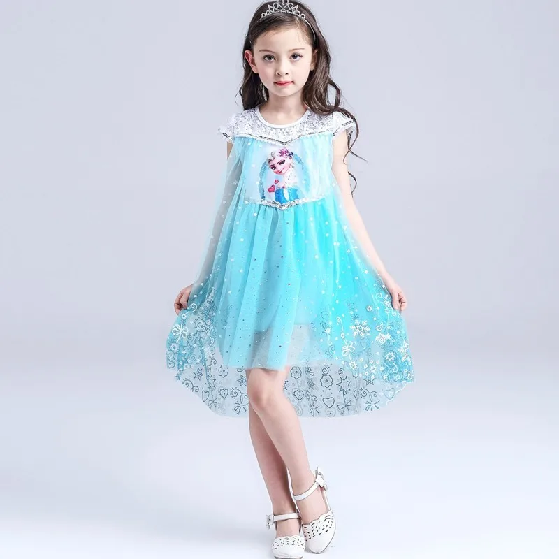 

One Piece Children Boutique Girls Lace Frozen Elsa Pattern Fashion Party Dress BX1696, Blue;pink