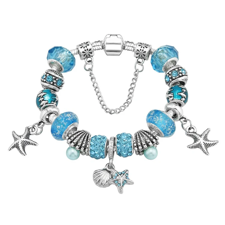 

European Fashion Blue Ocean Style Starfish Charm Bracelets Silver Plated Glass Beads Bracelets Bangles DIY Jewelry (KCB002), As picture