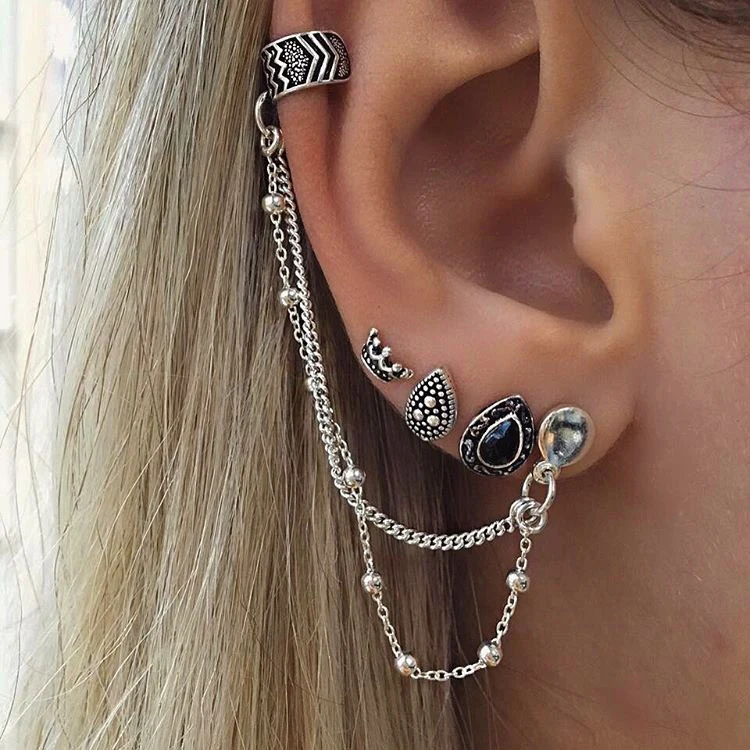 

4pc/set Bohemian Retro Crown Water Droplets Chain Fashion Earrings For Women Ear Cuff With Chain Set Earrings (KES041, Same as the picture
