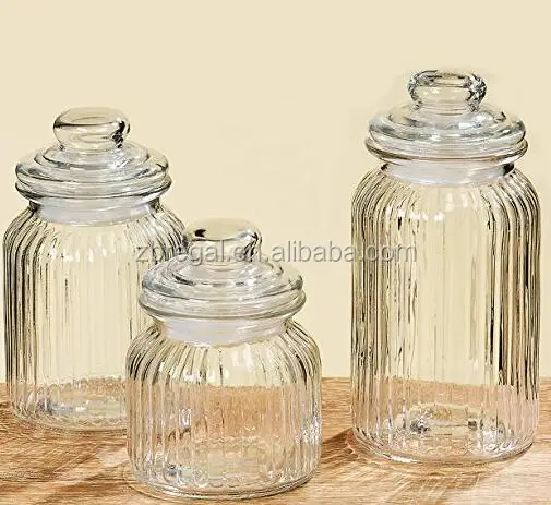 Ribbed And Knob Topped Clear Glass Kitchen Storage Jars With