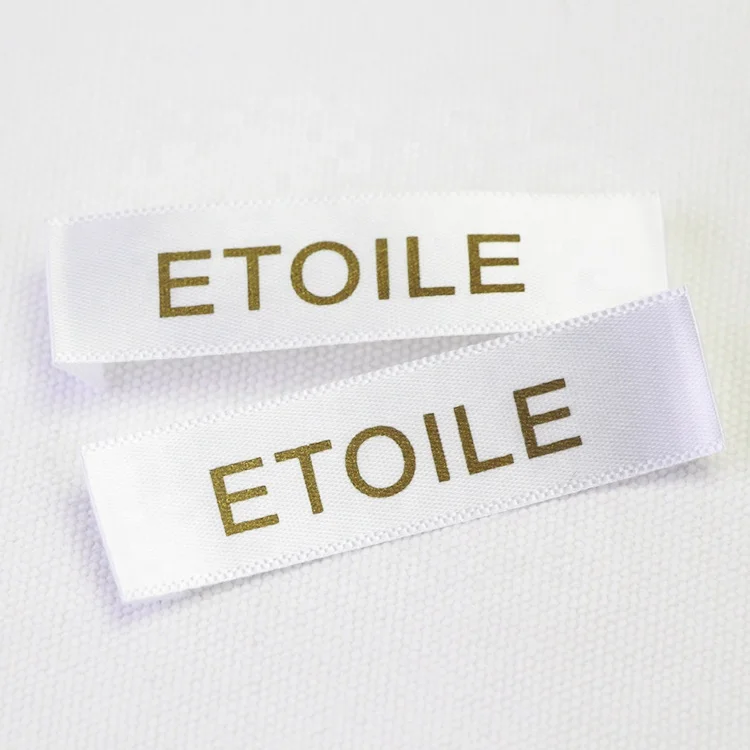 

White soft printed gold satin clothing label with own logo, Printed gold, custom