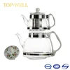 Decal flower turkish double tea pot kettle set glass 0.6L water kettle and 1.8L glass water kettle