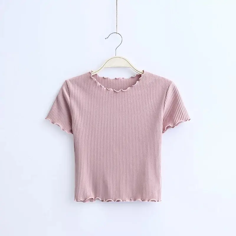 Vintage Wood ears O neck Short sleeve T-shirt 2022 New Woman Slim Fit t shirt tight tee Summer Retro Tops 6 colors