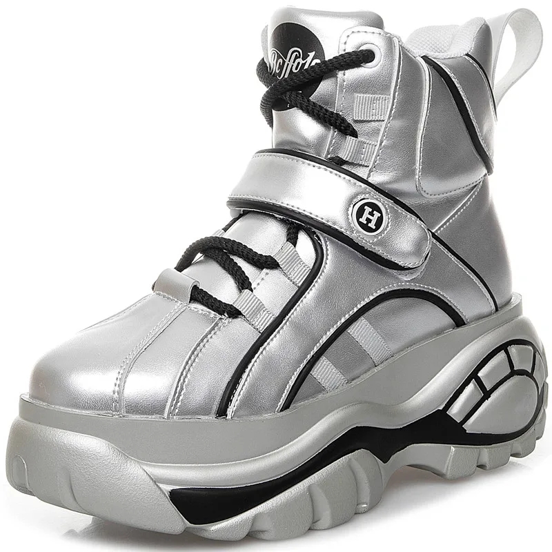 

Women High Platform Sneakers 2019 Brand Fashion Design Women Chunky Trainers Ladies Shoes Casual Woman Footwear Silver, Black white gray