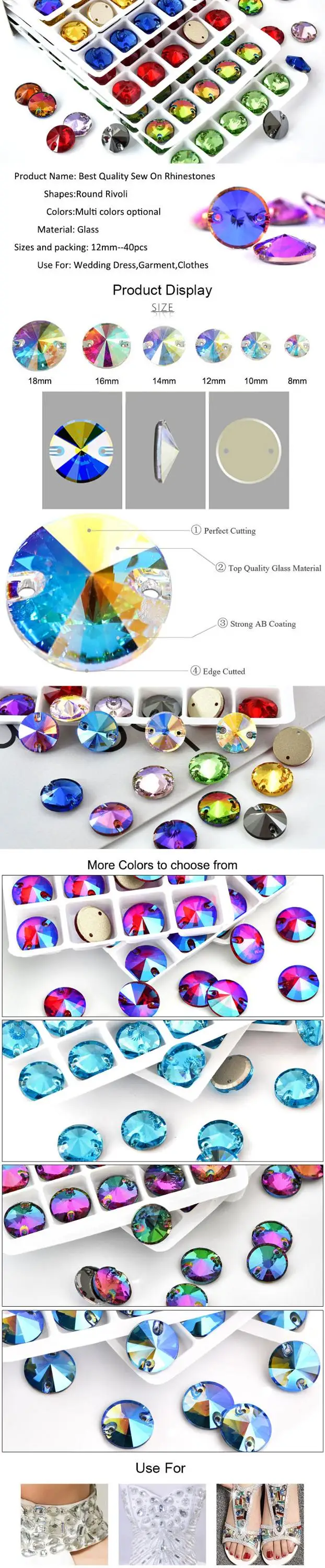 Oleeya Factory Direct Sale Various Colors A5 Quality Flat Back Strass 12mm Rivoli Sew on Crystal Rhinestones Dress