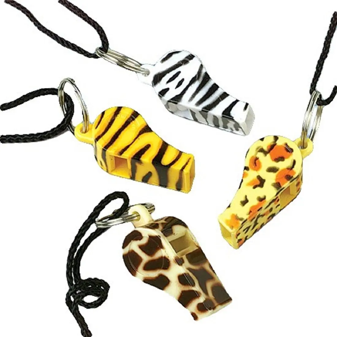 Dozen Assorted Animal Print Design Plastic Whistles With Lanyards Necklaces