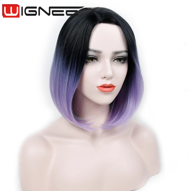 

Ombre Purple Synthetic Bob Wigs Natural Black To Purple Mint Green Color Fashion Party Wig 2017 Back To School Accessory