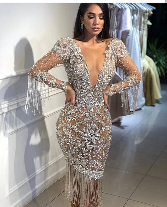 long sleeve silver cocktail dress