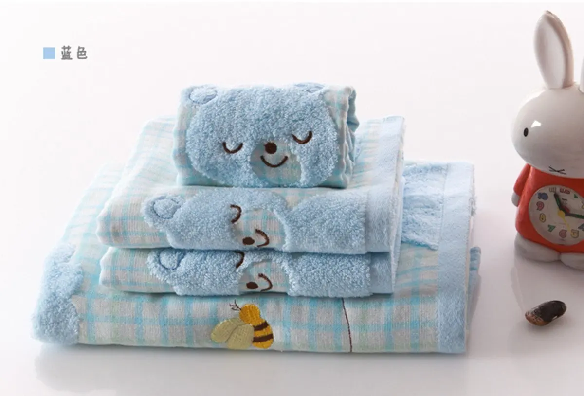 A.H 3Pcs/Set Lovely Cartoon Rabbit Animals Pattern Baby Kid Bathroom Hand Face Towels 35cm×35cm Square Cloth Blue/Yellow/Pink 100% Cotton Soft Touch X1572 (Blue)