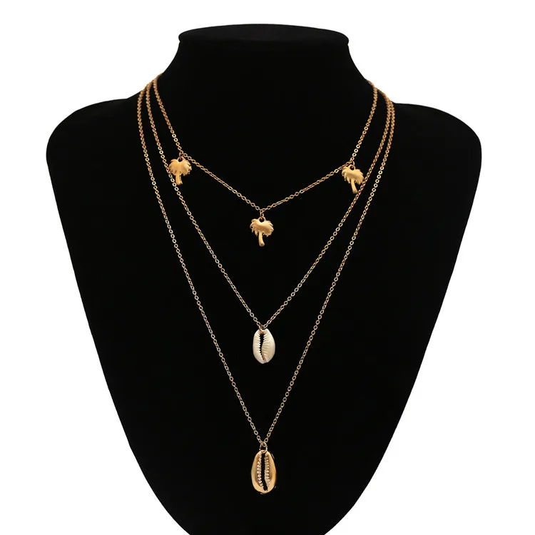 

Promotion Wholesale Women Custom Fashion Necklaces Jewelry Tropic Tree Shell Long Multilayered Gold Necklace, As show