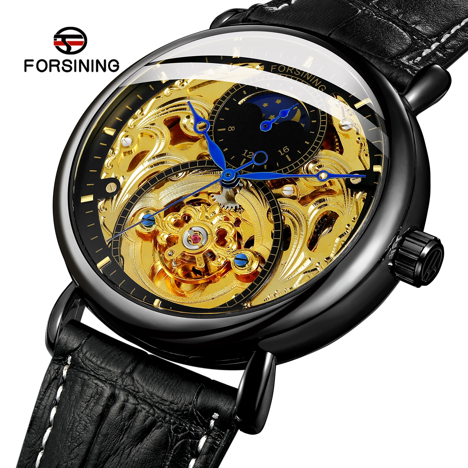 Forsining Automatic Mechanical Wrist Watch Luxury Skeleton Moon Phase  Gold Sports Watches Men Wrist