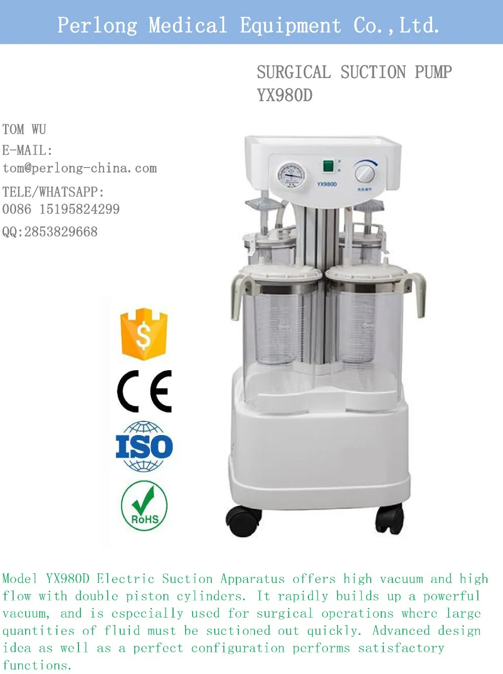 China Leading Supplier Ce&iso Approved Yx980d Portable Vacuum Suction