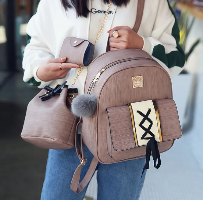 

up-0875r Korean handbag casual pu leather backpack 3 pieces set bag