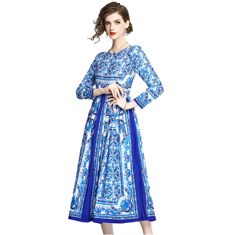 

Blue-white Porcelain Print Long Runway Dress