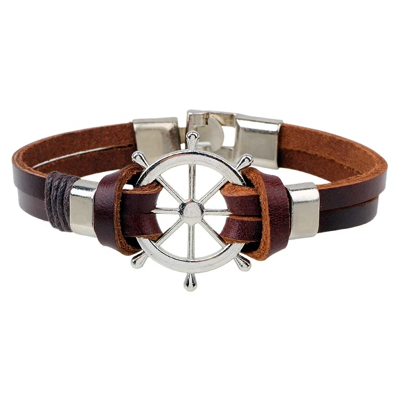 

Nautical Anchor Charm Genuine Leather Bracelet Bangle Men Cow Leather Braid Leather Cuff Bangle, Brown