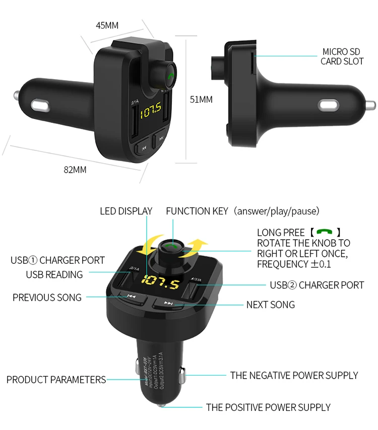 Smart dual USB wireless car bluetooth fm transmitter,car mp3 player with bluetooth