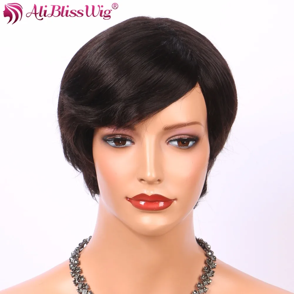 

Fashion #2 Human Hair Machine Made Left Side Part None Lace 80% Density Remy Hair Pixie Cut Short Full Wig for Black Women