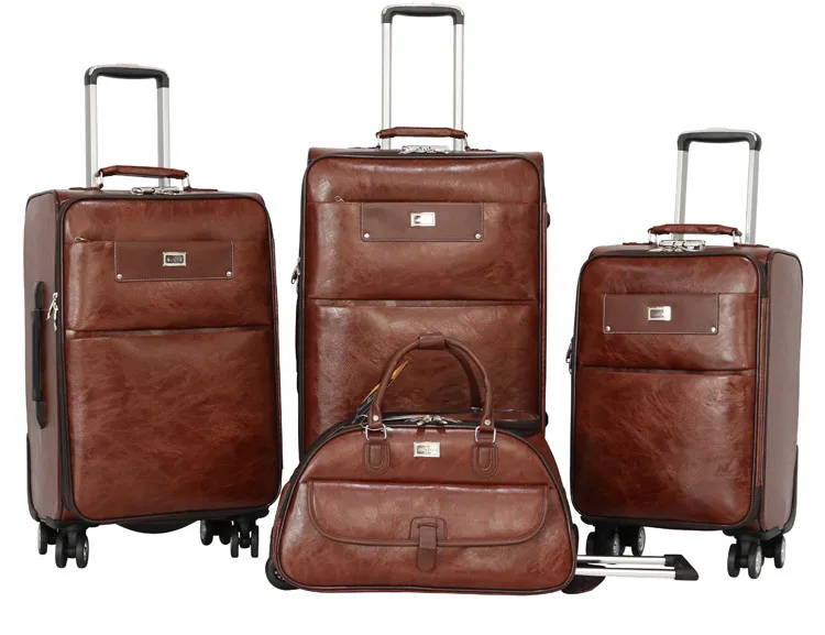 Hot 4 wheels strong PU material trolley luggage bag set of 4 business luggage bag with duffle bag