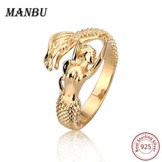 

925 sterling silver Gold Color Mermaid Adjustable Ring, Rhodium/18k gold