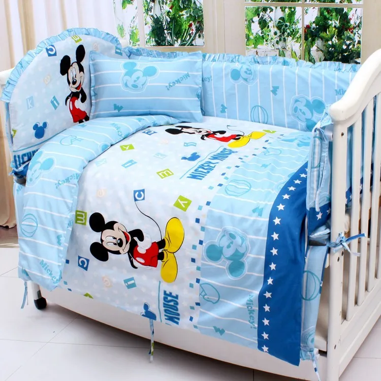 Promotion 7pcs Mickey Mouse baby bedding bed around piece set 100 cotton cot nursery 4bumper duvet