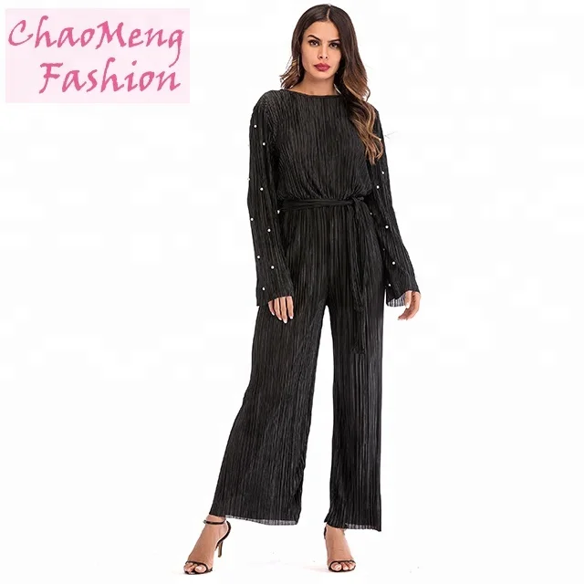 

1635# Muslim Women Overalls Pleated Pearl Wide Leg Jumpsuit Muslim Long Sleeve Bodysuit, Red/green/black/beige