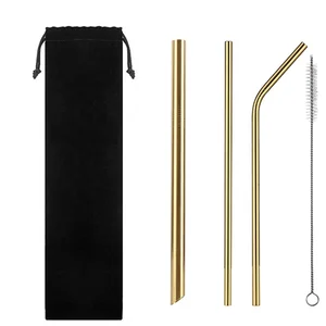 Image of Bubble Tea Straws 304 Pointed Stainless Steel Straw Metal Smoothies Drinking Straws Set with Brush & Bag Wholesale