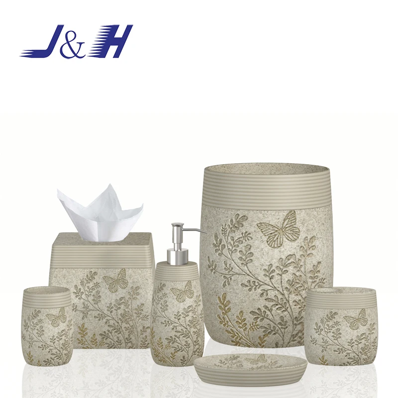 Delicate Butterfly Pattern Sandstone Finished Resin Bathroom Set.JPG