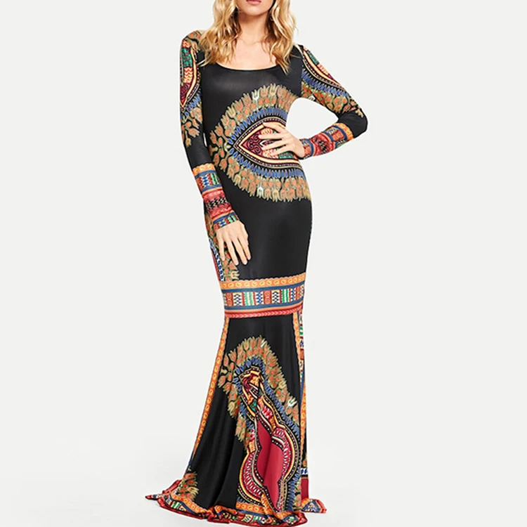 Black African Clothing Dashiki Tradit Print Full Sleeves Maxi Long Dress Scoop Neck