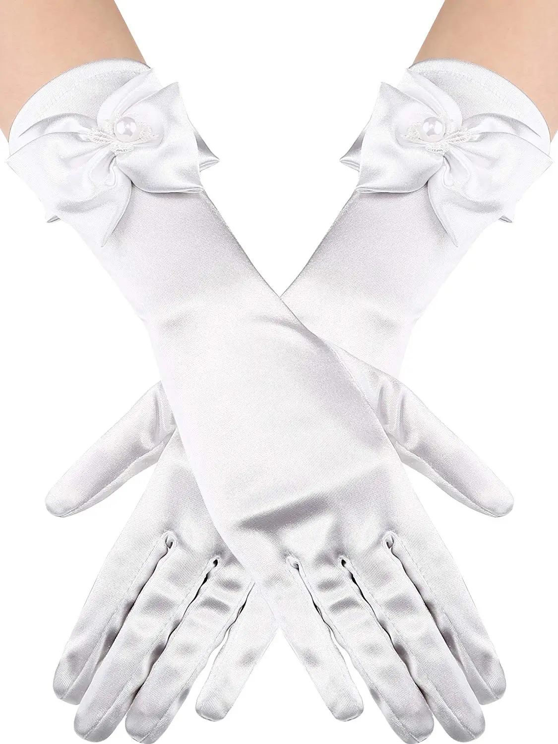 white satin elbow length gloves